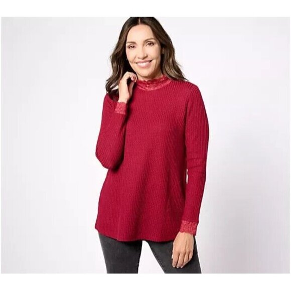 LOGO by Lori Goldstein Waffle Knit Mock Neck Top Lace Rumba Red XXS A627095 - Picture 1 of 1